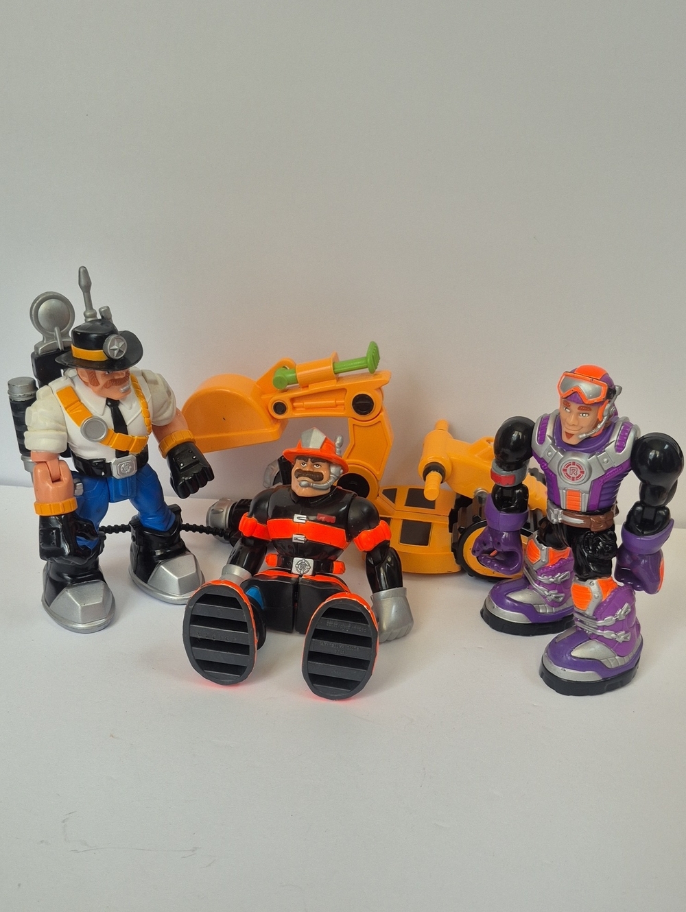 Vintage Fisher Price Rescue Team Figures + Excavator 1990s Y2K